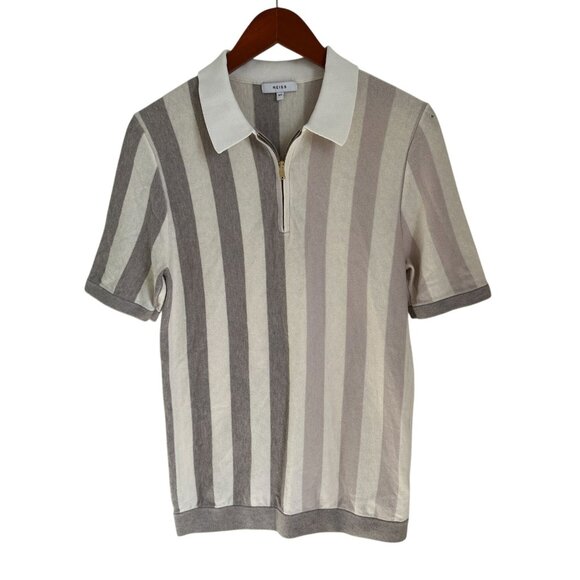 Reiss Striped Wool Cotton Polo Shirt With Half-Zip & Collar In Beige & Gray Size - Picture 2 of 8